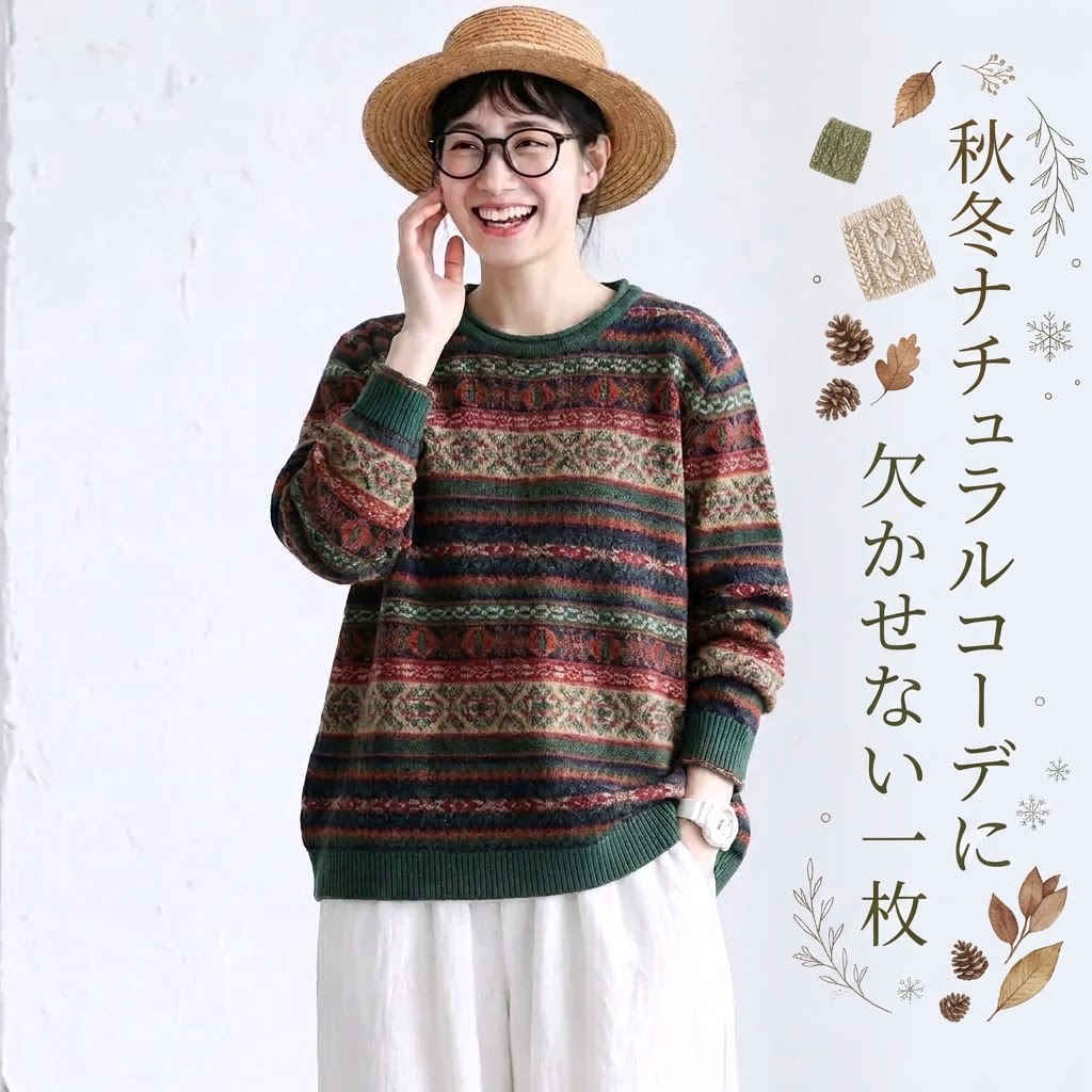 レトロ 配色 プリント ラウンドネック 長袖 ニットセーター-グリーン-フリー