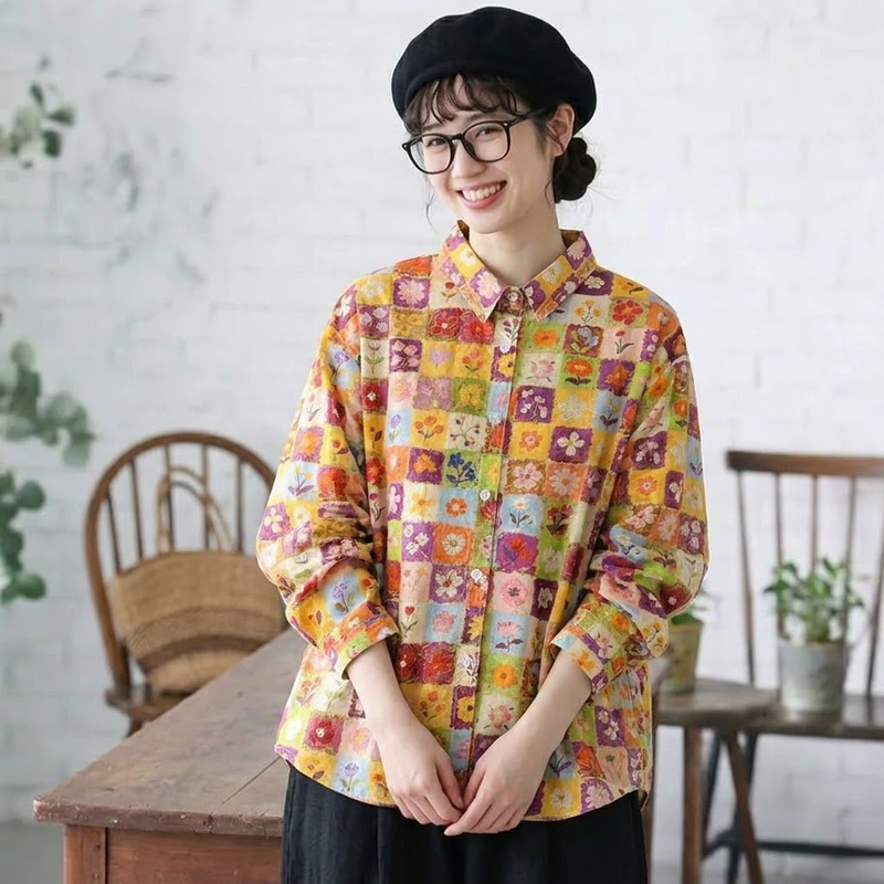 L-XL 新登場 配色 チェック柄 プリント 市松模様 森ガール 長袖 POLOネック シングルブレスト シャツ-オレンジレッド-XL