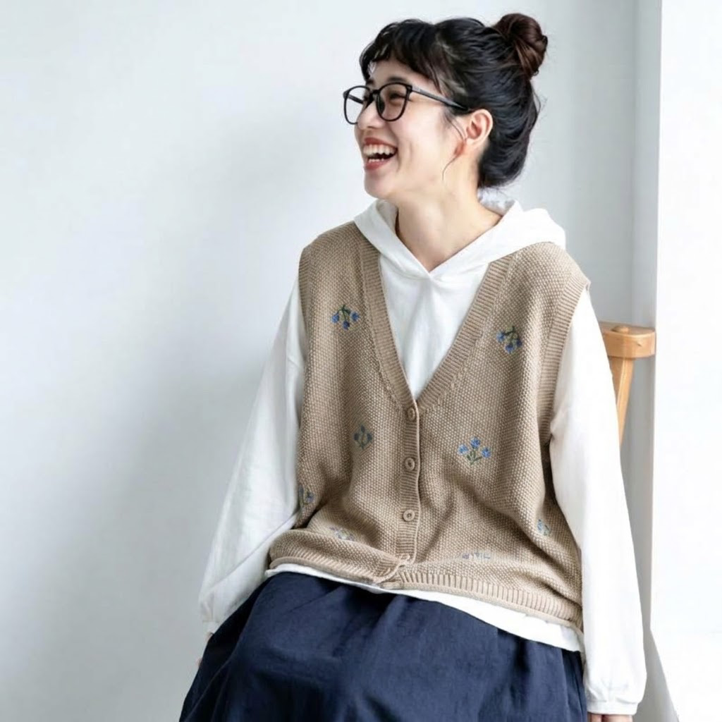 さくらんぼ刺繍 Vネックニットベスト