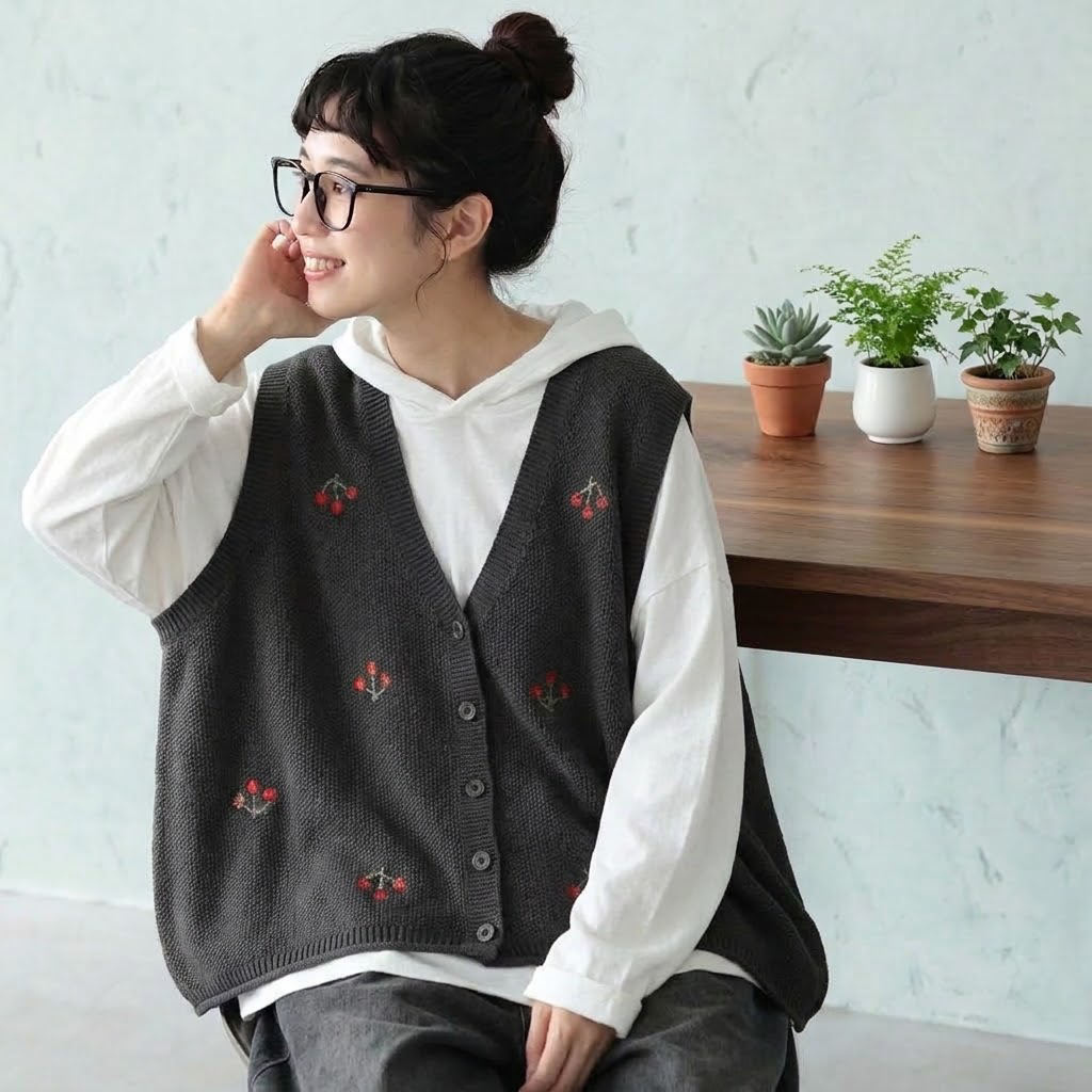 さくらんぼ刺繍 Vネックニットベスト