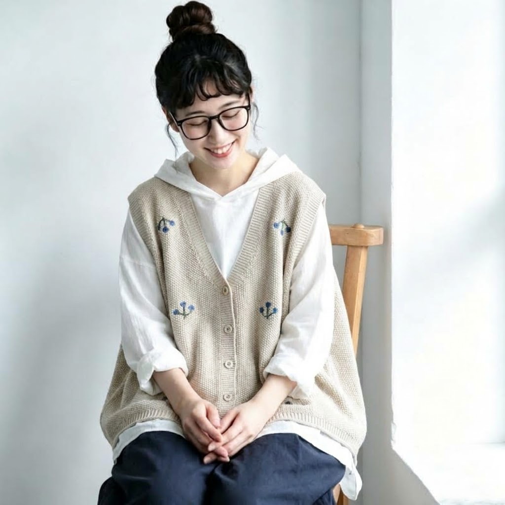 さくらんぼ刺繍 Vネックニットベスト
