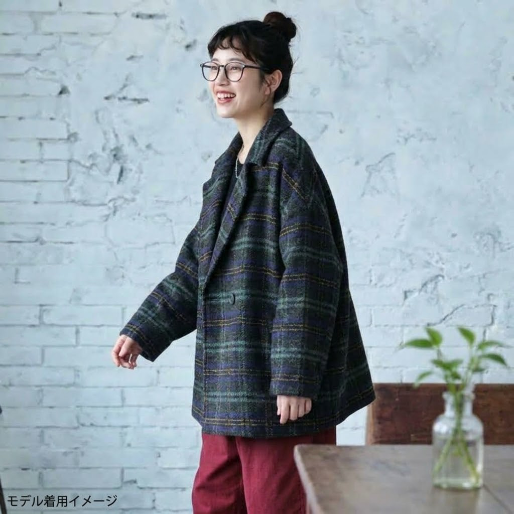 チェック柄 折り襟 長袖カジュアルコート