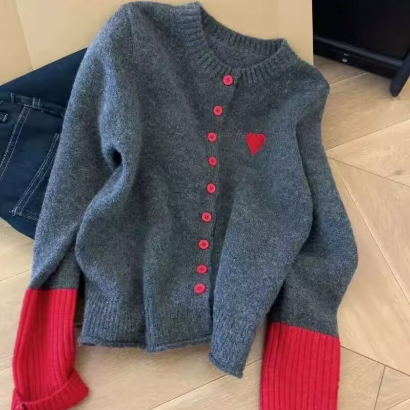 ハート刺繍 配色袖 ニットカーディガン