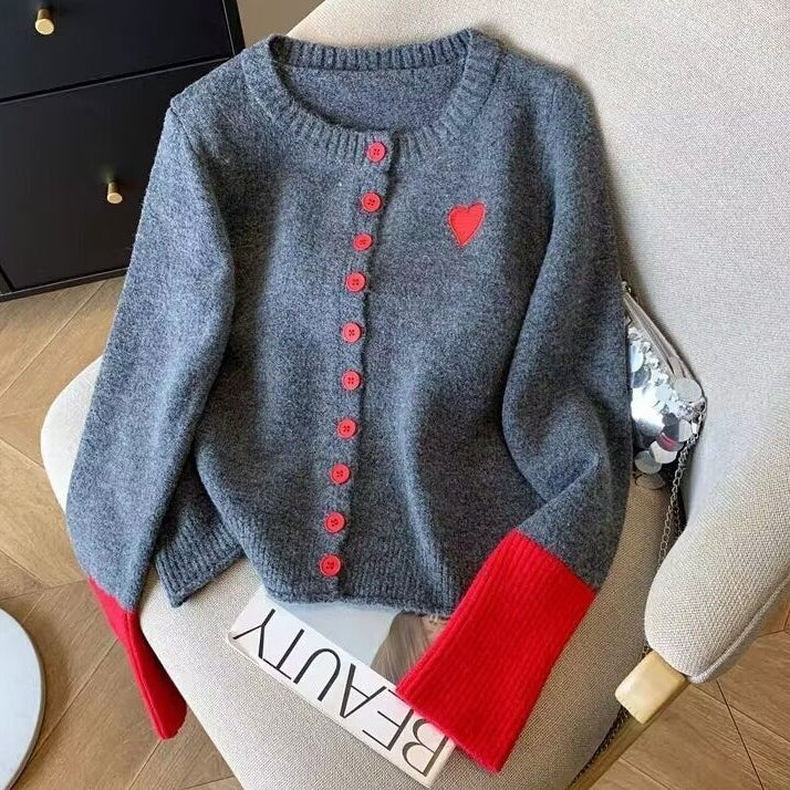ハート刺繍 配色袖 ニットカーディガン