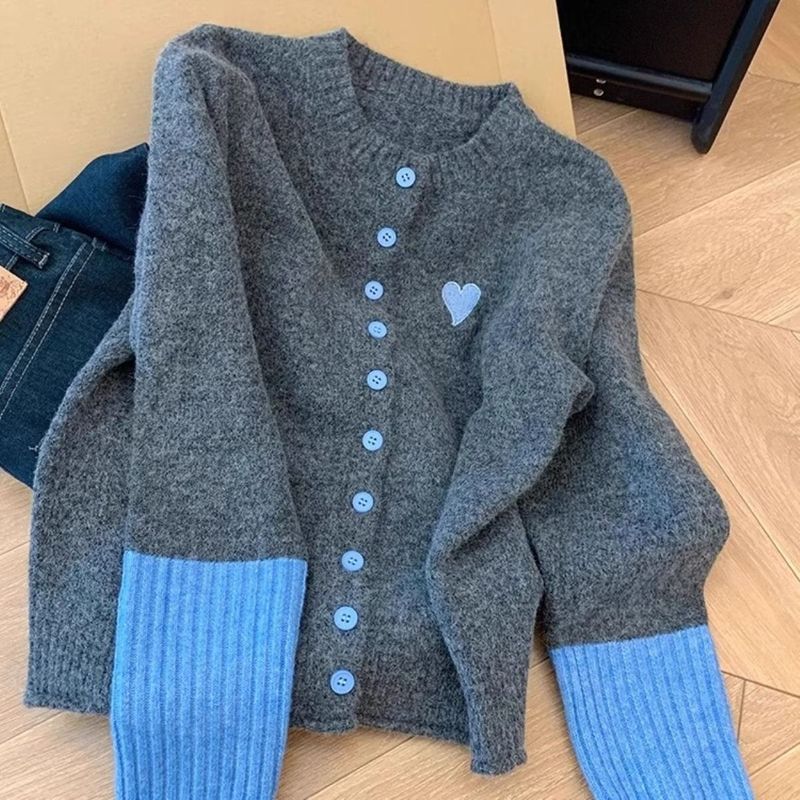 ハート刺繍 配色袖 ニットカーディガン