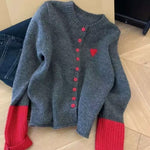 ハート刺繍 配色袖 ニットカーディガン