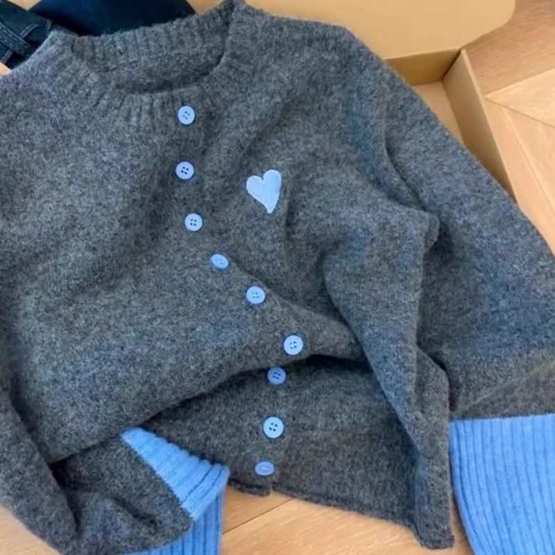 ハート刺繍 配色袖 ニットカーディガン