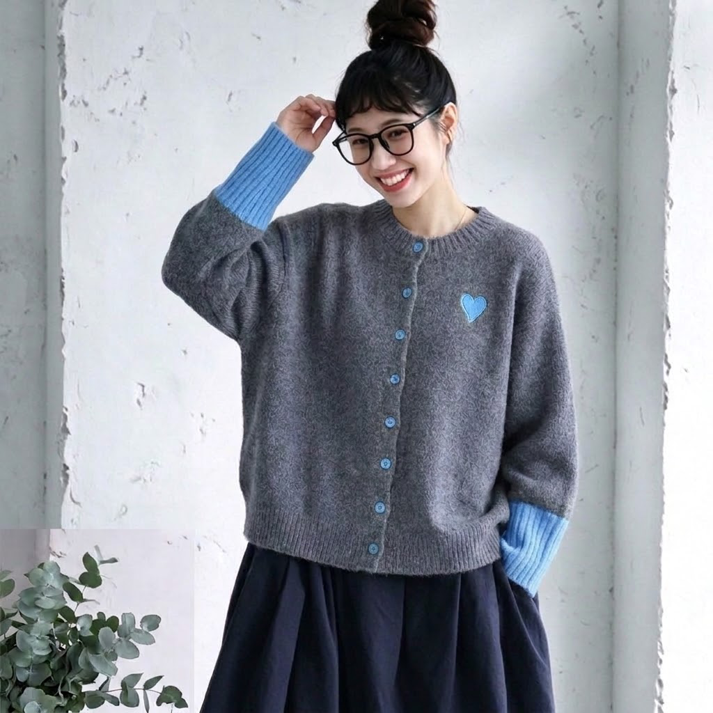 ハート刺繍 配色袖 ニットカーディガン