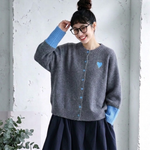 ハート刺繍 配色袖 ニットカーディガン