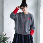 ハート刺繍 配色袖 ニットカーディガン