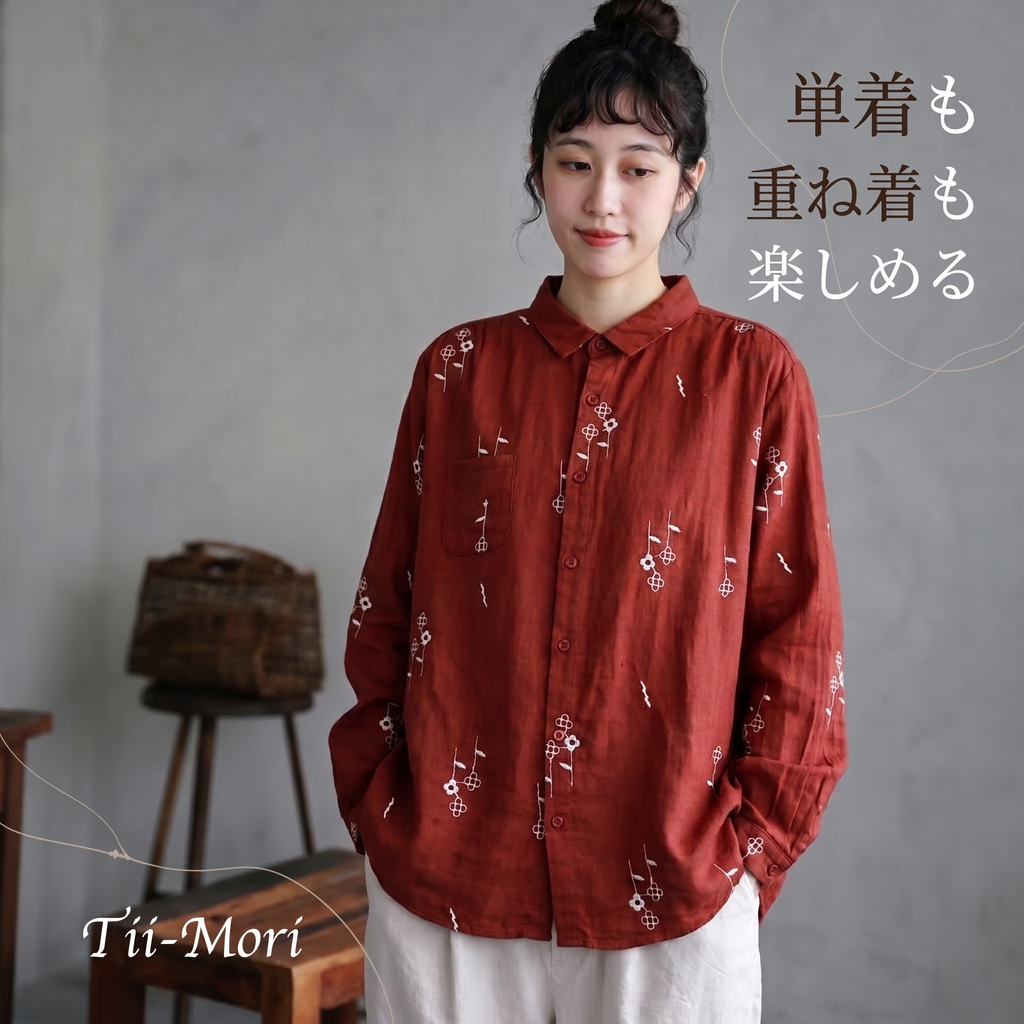 M-L 絶対欲しい 刺繍 長袖 折り襟 森ガール シャツ-ホワイト-L