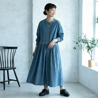 M～5L デニム風 長袖Aラインワンピース