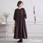 綿麻 バンドカラー長袖ストレートワンピース