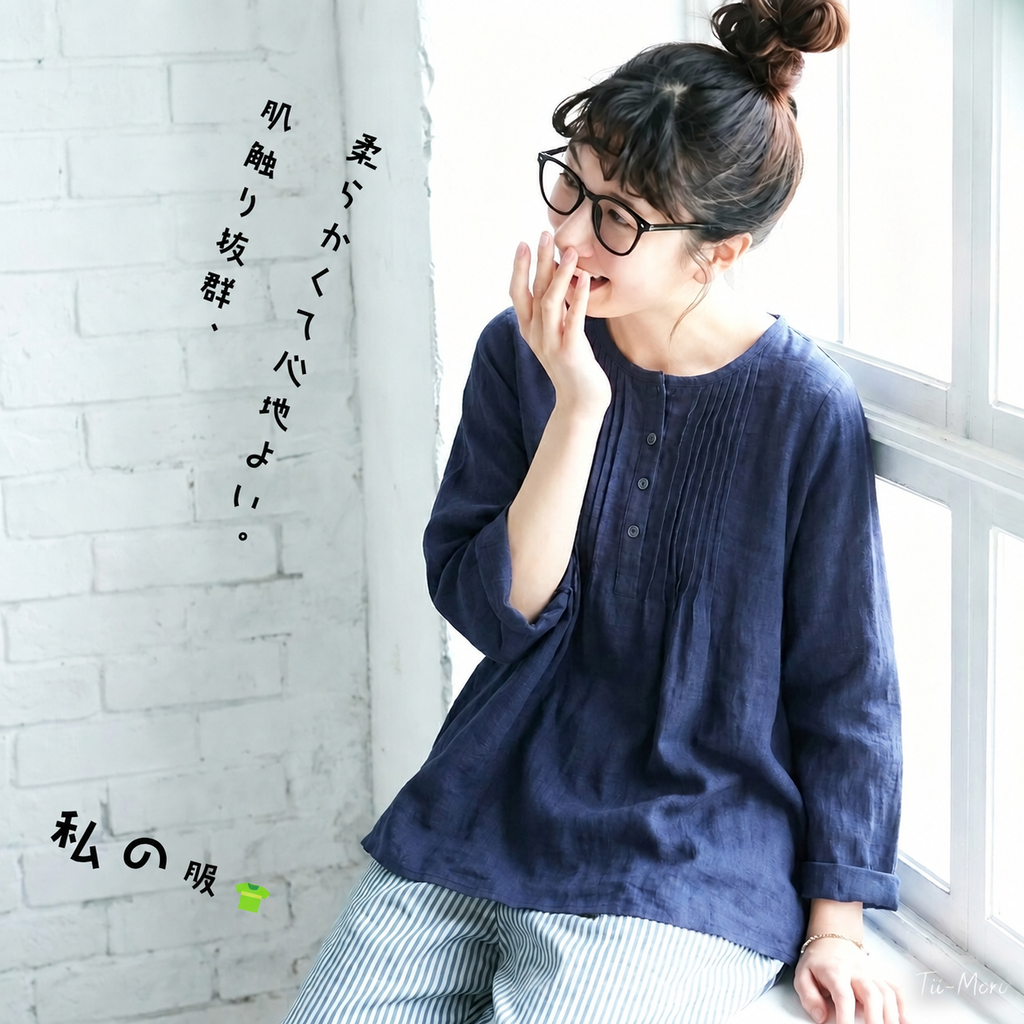 M～6L 綿麻 プリーツ長袖シャツ