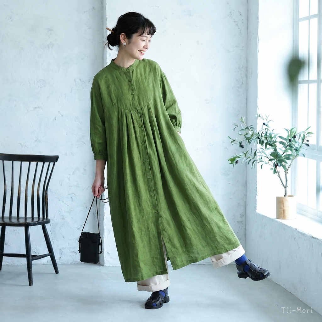 綿麻 長袖 リネングリーン ワンピース