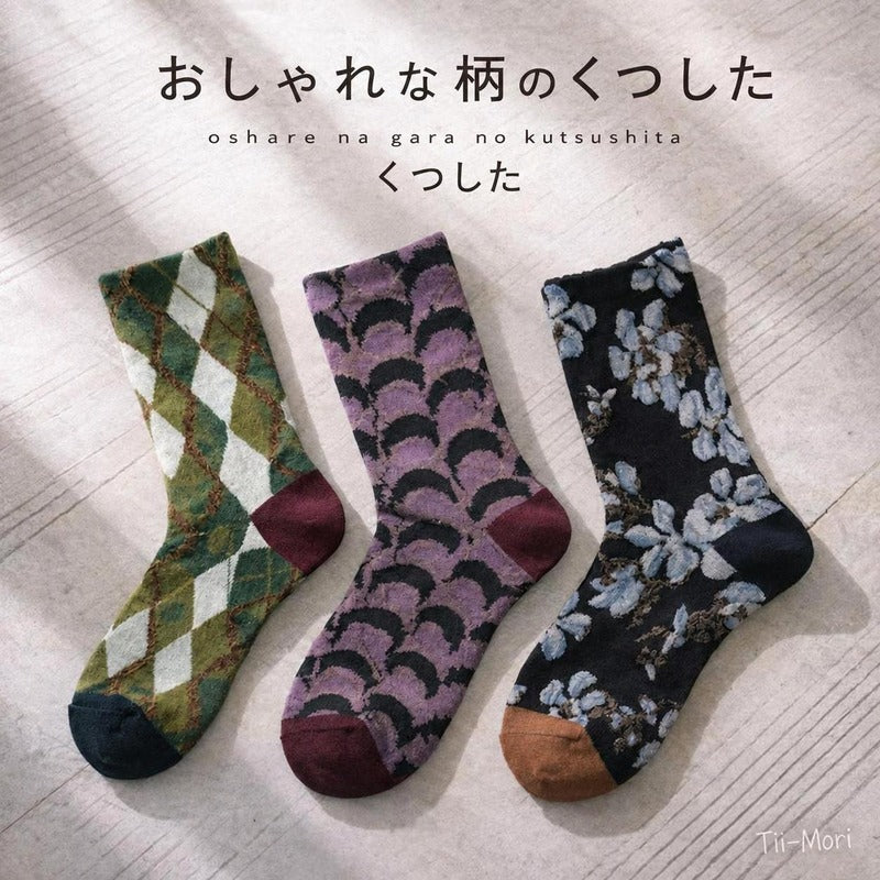 3足セット フリー トレンドアイテム チェック柄 花模様 レディースソックス