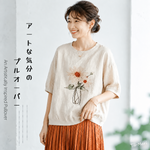 リネン プリント ラウンドネック ドルマンスリーブ 花模様 五分袖 Tシャツ