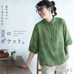 M～5XL 綿麻 五分袖 花模様 ボタン 折り襟 シングルブレスト シャツ