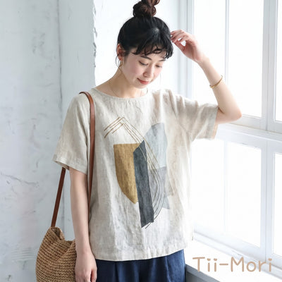 S～4XL 綿麻 半袖 プリント プルオーバー ラウンドネック シャツ