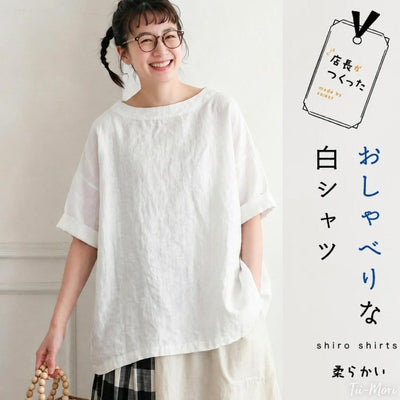 綿麻 S～5XL 五分袖 ラウンドネック 無地 肌に優しい Tシャツ