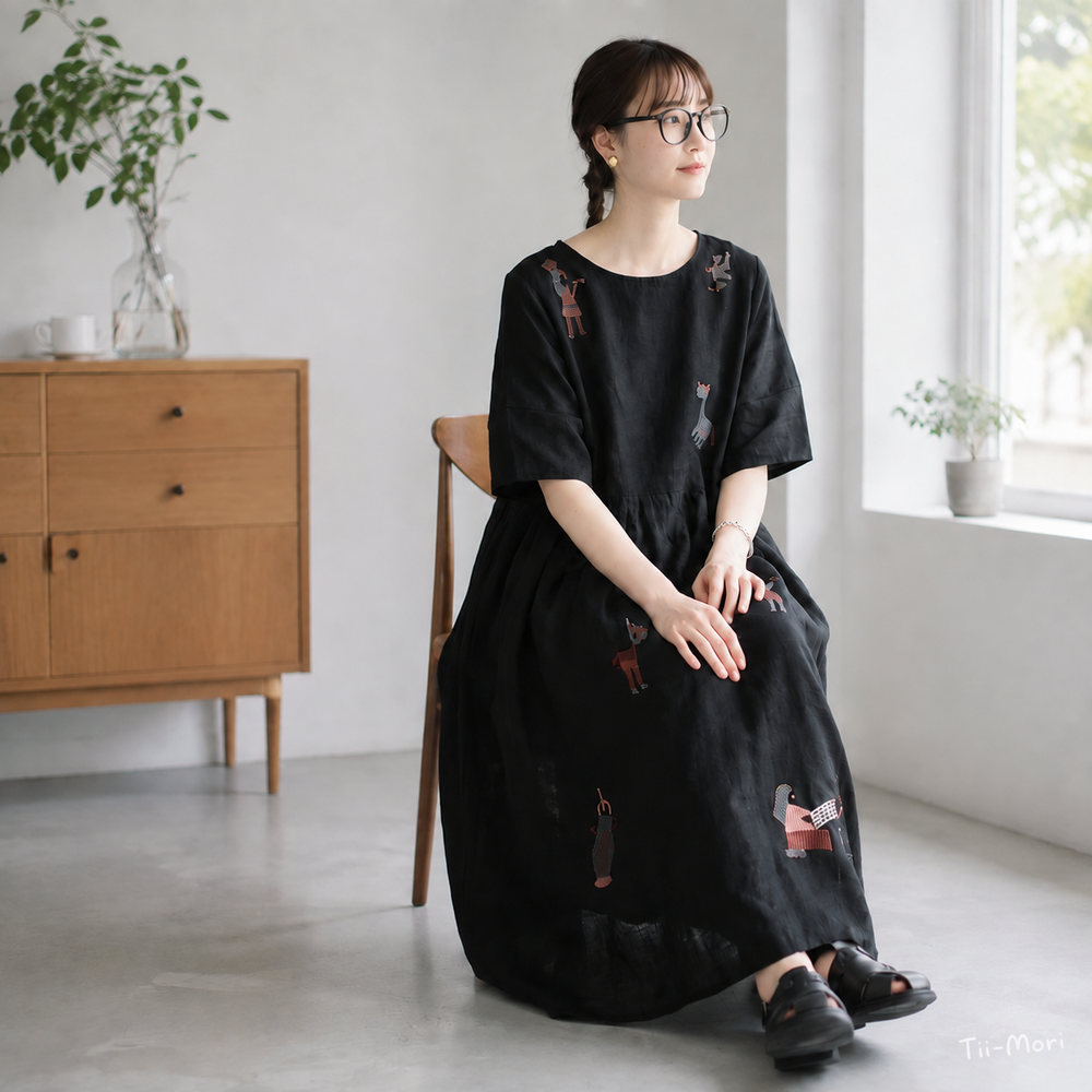 リネン 刺繍 丸首 半袖 Aライン ワンピース