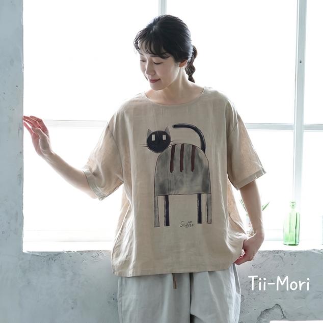 綿麻 ラウンドネック プリント プルオーバー 半袖 猫柄 Tシャツ