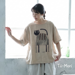 綿麻 ラウンドネック プリント プルオーバー 半袖 猫柄 Tシャツ