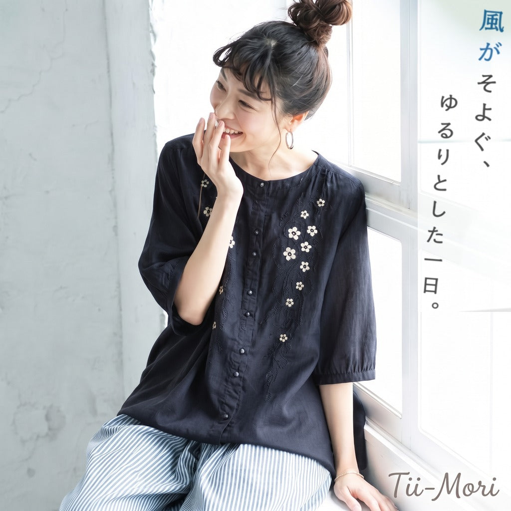 ストレッチ なし ボタン ホルターネック 刺繍 五分袖 レトロ シャツ