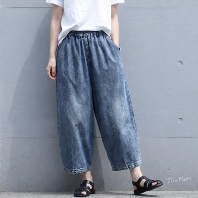 薄手デニム 無地 七分丈パンツ