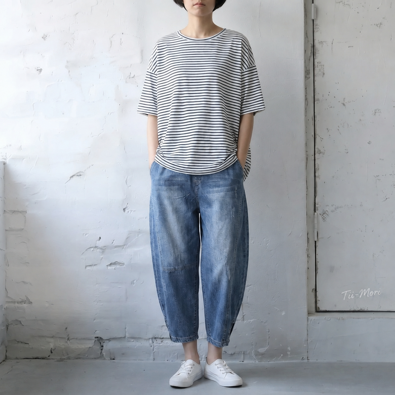 デニム クロップド丈（7分丈） 無地 ハイウエスト 七分パンツ