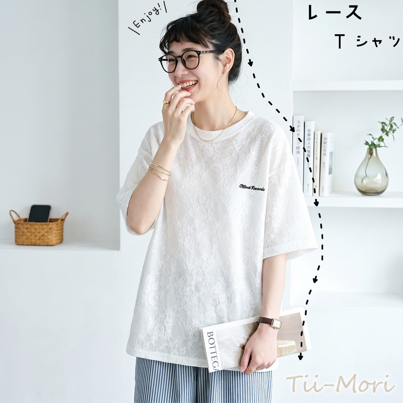 コットン レース 半袖 刺繍 ラウンドネック Tシャツ