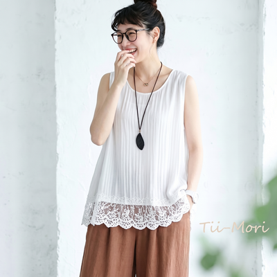 M～4XL 綿麻 無地 ラウンドネック レース タンクトップ