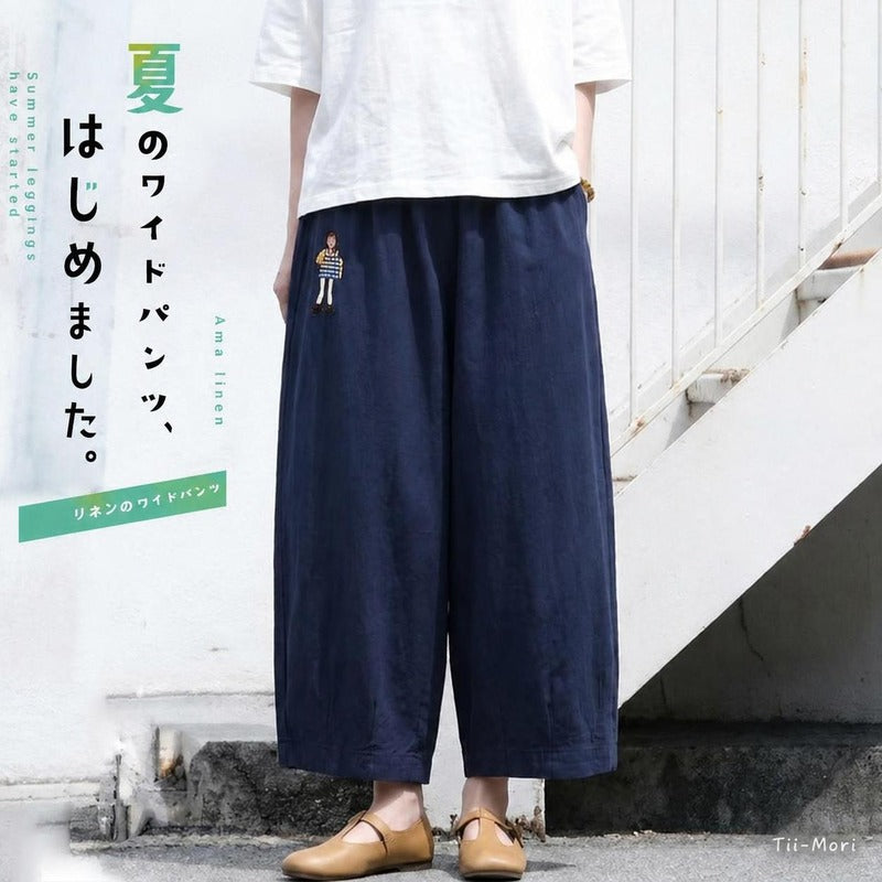 無地 刺繍 ポケット付き アンクル丈 リネン生地 ワイドパンツ