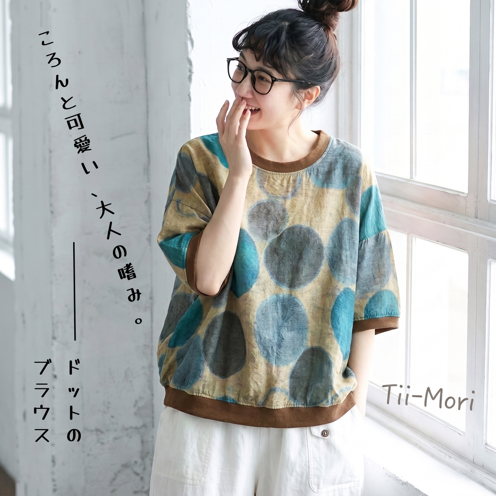 綿麻 ドット柄 半袖 花柄 大人ナチュラル シャツ