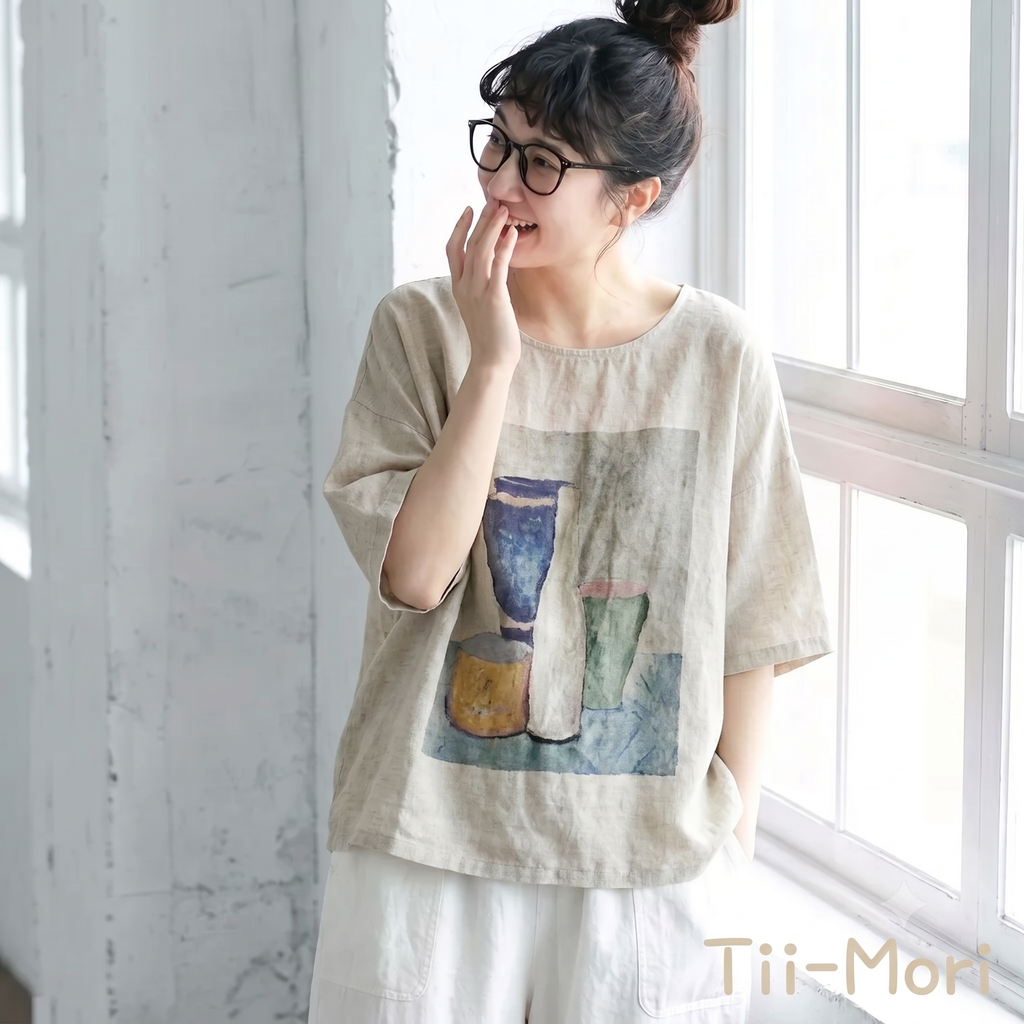 綿麻 プリント ラウンドネック レトロ Tシャツ