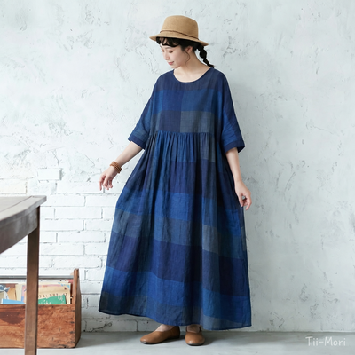 ONESIZE 濃青市松切り替え七分袖リネンロングワンピ
