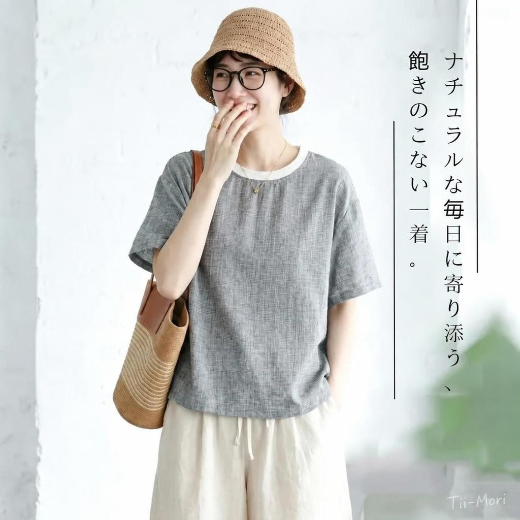綿麻 半袖 ラウンドネック チェック柄 配色 Tシャツ
