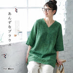 M-4XL 綿麻 刺繍 Vネック 半袖 ミディアム丈 チュニック