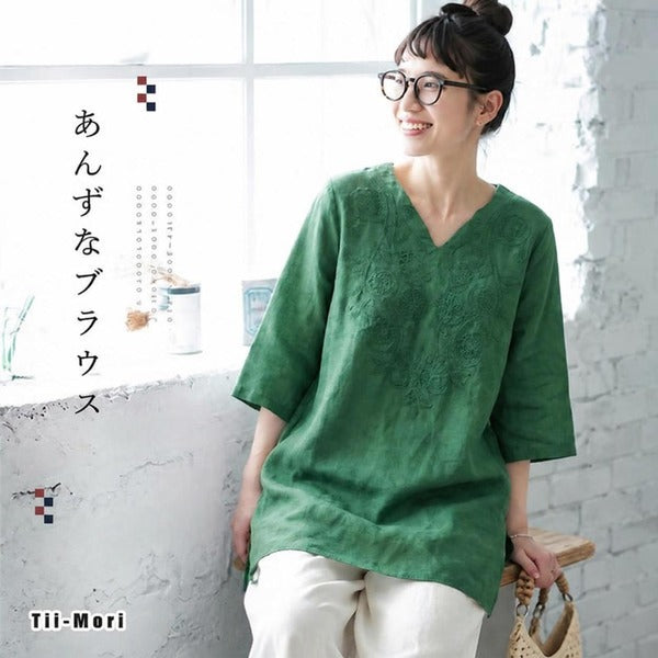 M-4XL 綿麻 刺繍 Vネック 半袖 ミディアム丈 チュニック