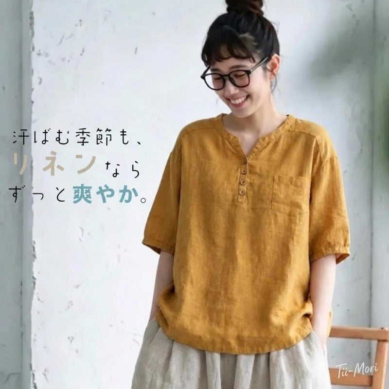 綿麻 Vネック ボタン 無地 五分袖 シャツ