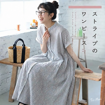 綿麻 涼しい パターン ラウンドネック 半袖 Aライン 半袖ワンピース