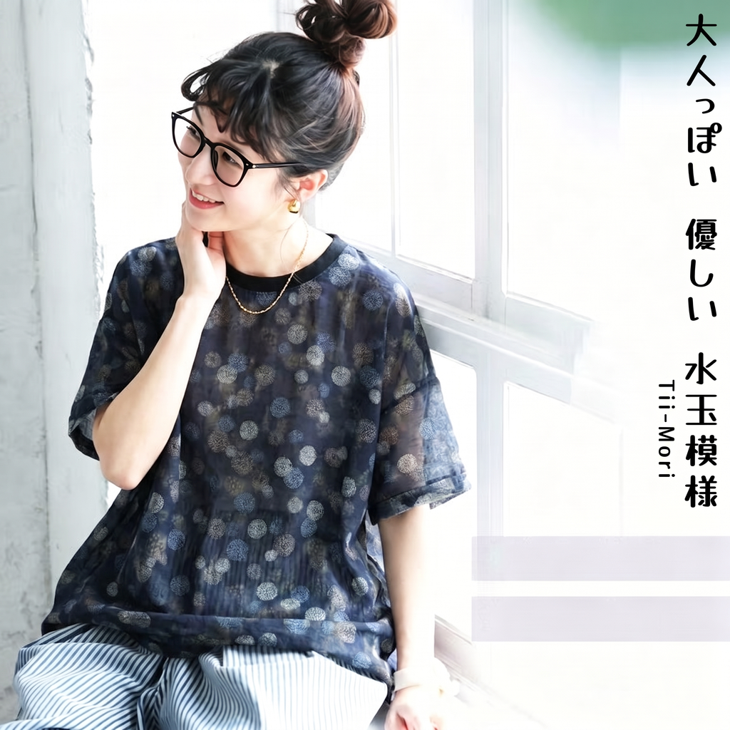 プリント ドット柄 半袖 ラウンドネック Tシャツ