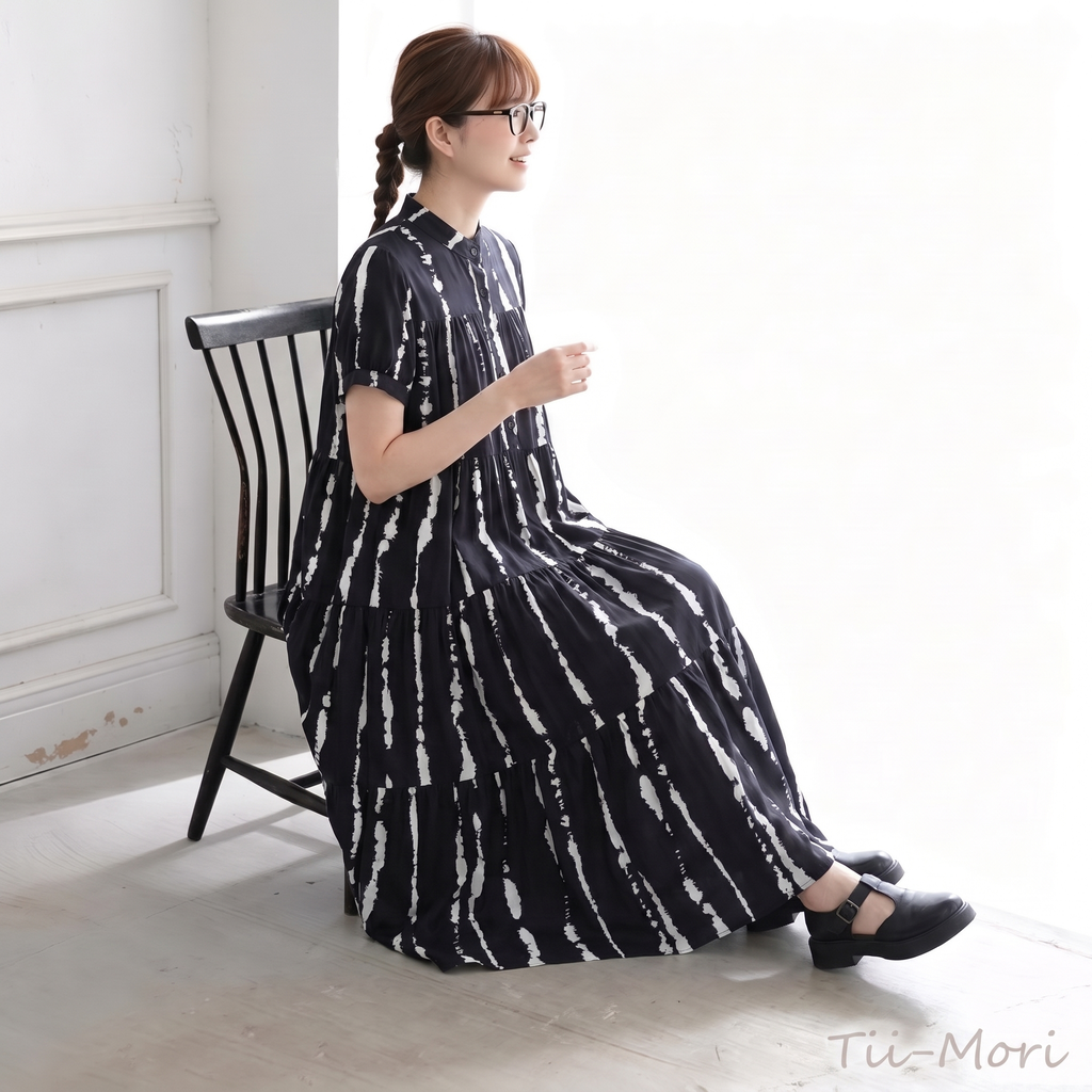 コットン素材 ストライプ柄 Aライン ロングワンピース