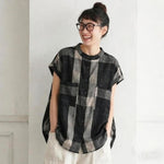 ラ綿麻 ウンドネック チェック柄 ノースリーブ Tシャツ