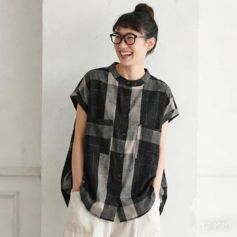 ラ綿麻 ウンドネック チェック柄 ノースリーブ Tシャツ