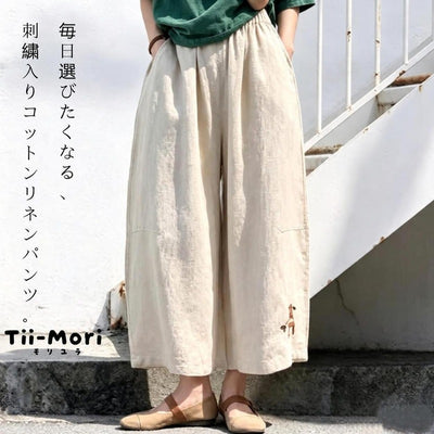 M～5XL 綿麻 アンクル丈（9分丈） 刺繍 カートゥーン ビッグシルエット ガウチョパンツ