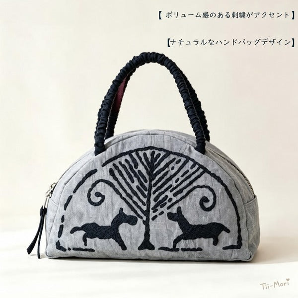 オリジナルデザイン 手刺繍 瓦当紋様 貝殻型 ハンドバッグ