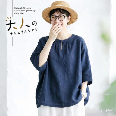 M～4XL 綿麻 無地 半袖 ラウンドネック ボタン シャツ