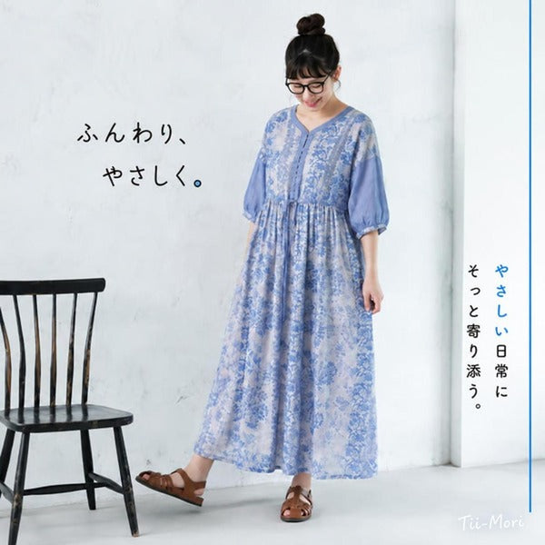 七分袖 花模様 プリント Aライン エスニック系 ワンピース