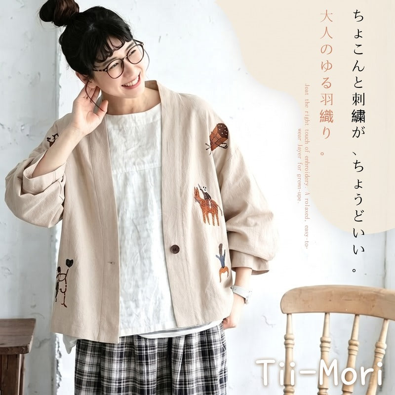 綿麻 刺繍 ボタン レトロ カーディガン